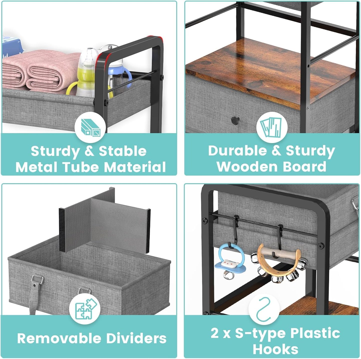 2IN1 Baby Diaper Caddy Organizer & 4-Tier Rolling Cart, Bedside Cart for Baby Essentials Nursery With Drawers, Metal Mobile Diaper Caddy Cart with Wheels, Storage Basket with Dividers for Baby Shower