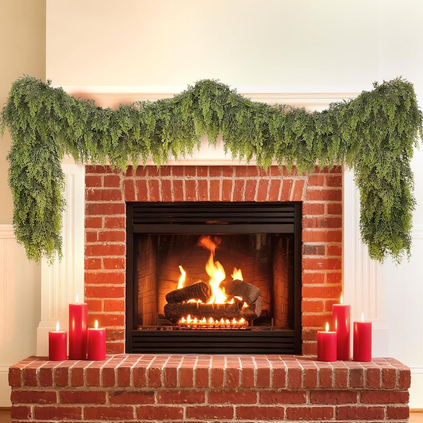 16FT Real Touch Cedar Garland for Fireplace - Artificial Christmas Garlands Realistic Faux Greenery Fake Pine Needles Garland for Holiday,Table, Window,Mantel,Stairs, Home,Indoor Outdoor Decor (1PCS)