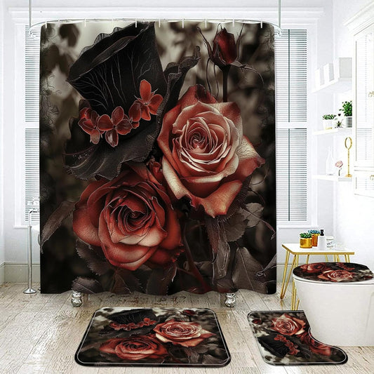 NEWSUYAA Halloween Decorations Shower Curtain Set with Non-Slip Rugs and Bath Mats,Black Skull Skeleton Bathtub Curtains with 12 Hooks,All Saints'Day (Nov 1st) Bathroom Decor