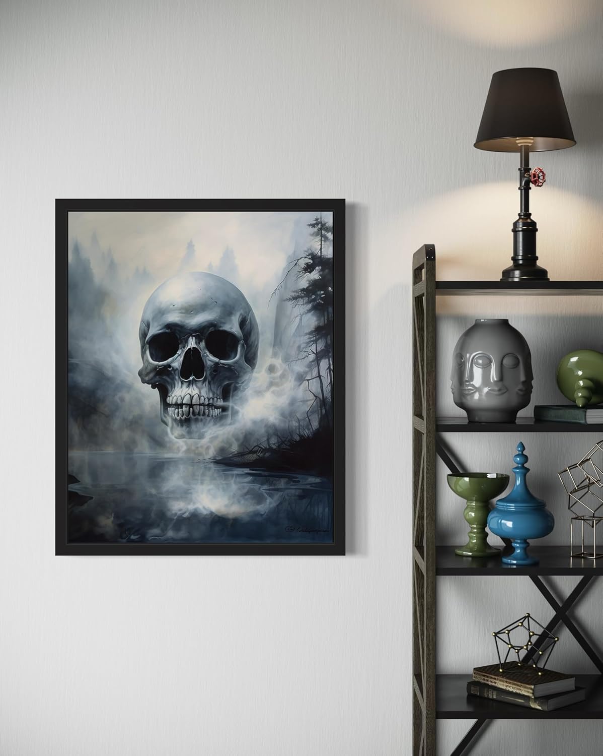 Foggy Skull Poster Art Print, Halloween Scary Vintage Wall Art Academia Spooky Painting Decoration for Horror Prints, Gothic Posters Bedroom Decor 89 (Foggy Skull, 8 x 10 inches, Black Frame)