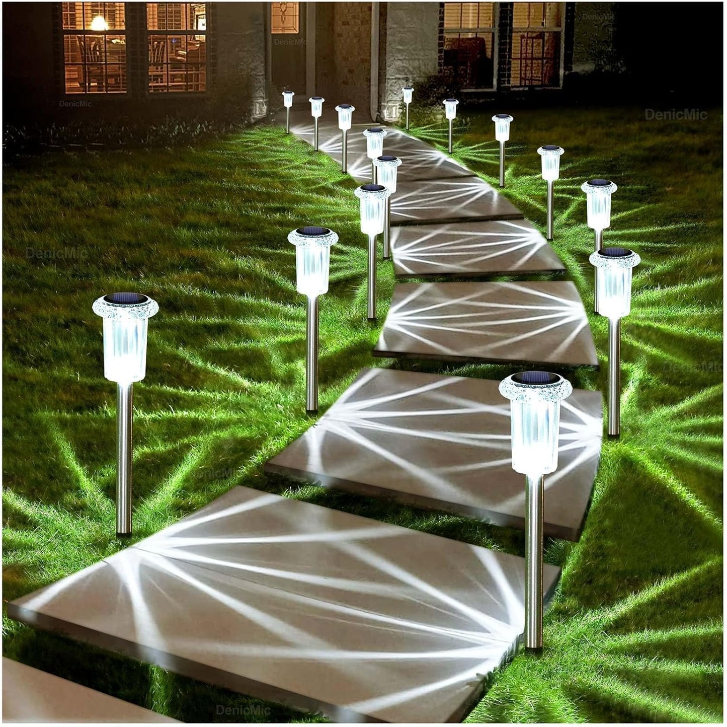 DenicMic Solar Lights Outdoor 15 Pack Waterproof 6000K Cold White LED Stainless Steel Stake for Pathway Yard Garden Driveway Solar Powered Outside Decor