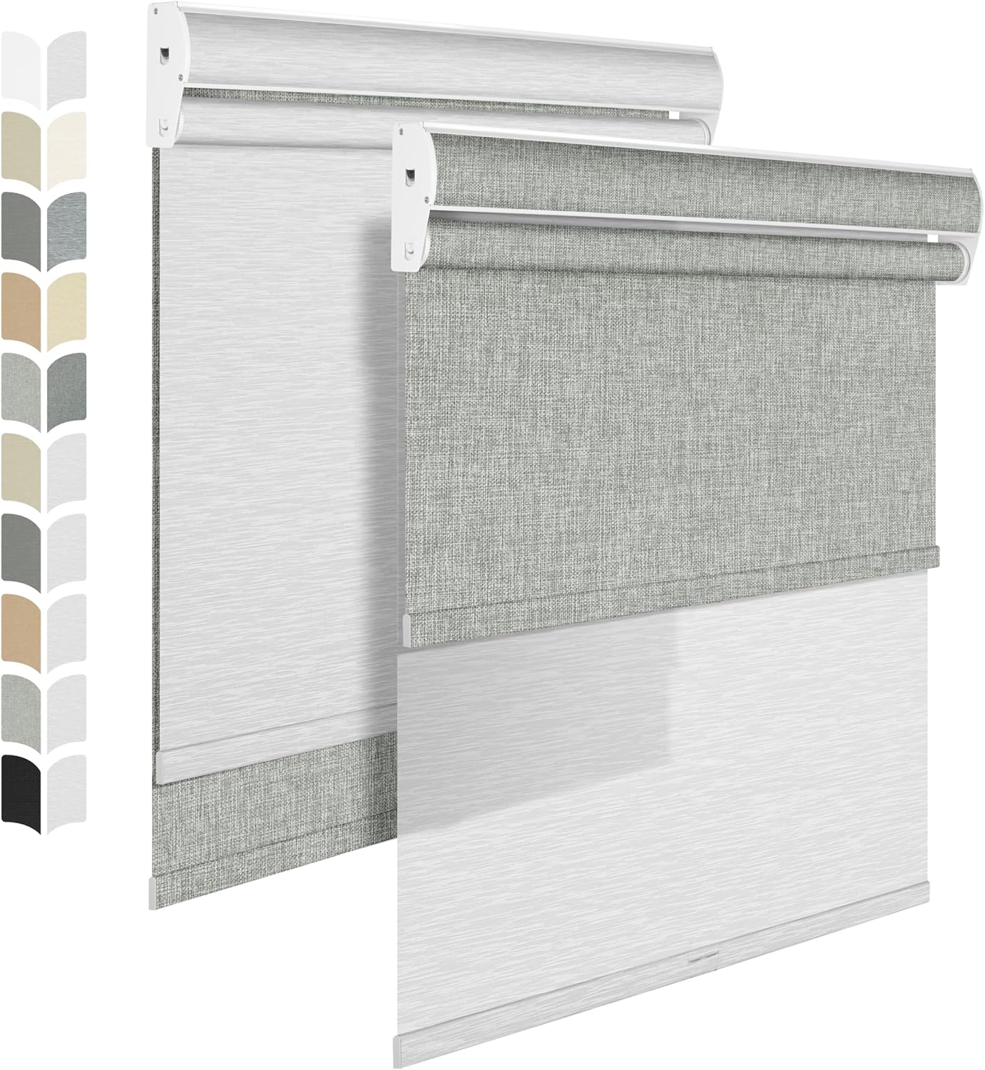 BERISSA Cordless Dual Roller Shades with Cassette Valance, Double Window Shades - Blackout and Light Filtering, Day and Night for Home Office Door. Linen Grey and White. 67 W x 44" H
