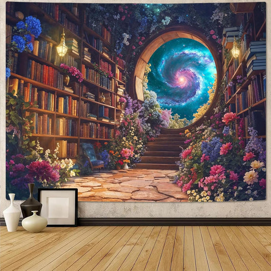 Accnicc Floral Bookshelf Tapestry Fantasy Library Tapestries Wall Hanging Vintage Plant Flower Book Large Tapestry for Bedroom Living Room Dorm 80 x 60 inch