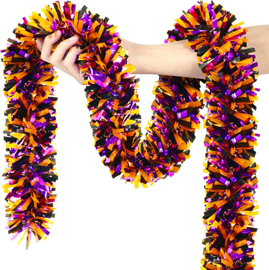 50FT Halloween Decorations Tinsel Garland, Orange Purple Black Shiny Metallic Tinsel Twist Hanging Streamers Garland for Halloween Birthday Home Tree Banister Indoor Outdoor Party Decor Supplies