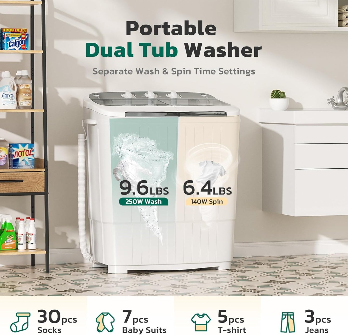 Greenvelly Portable Washing Machine, 16 Lbs Compact Mini Washer and Dryer Combo, Semi-automatic Twin Tub Washer with Drain Pump for Dorms, Apartments, RVs (Grey)