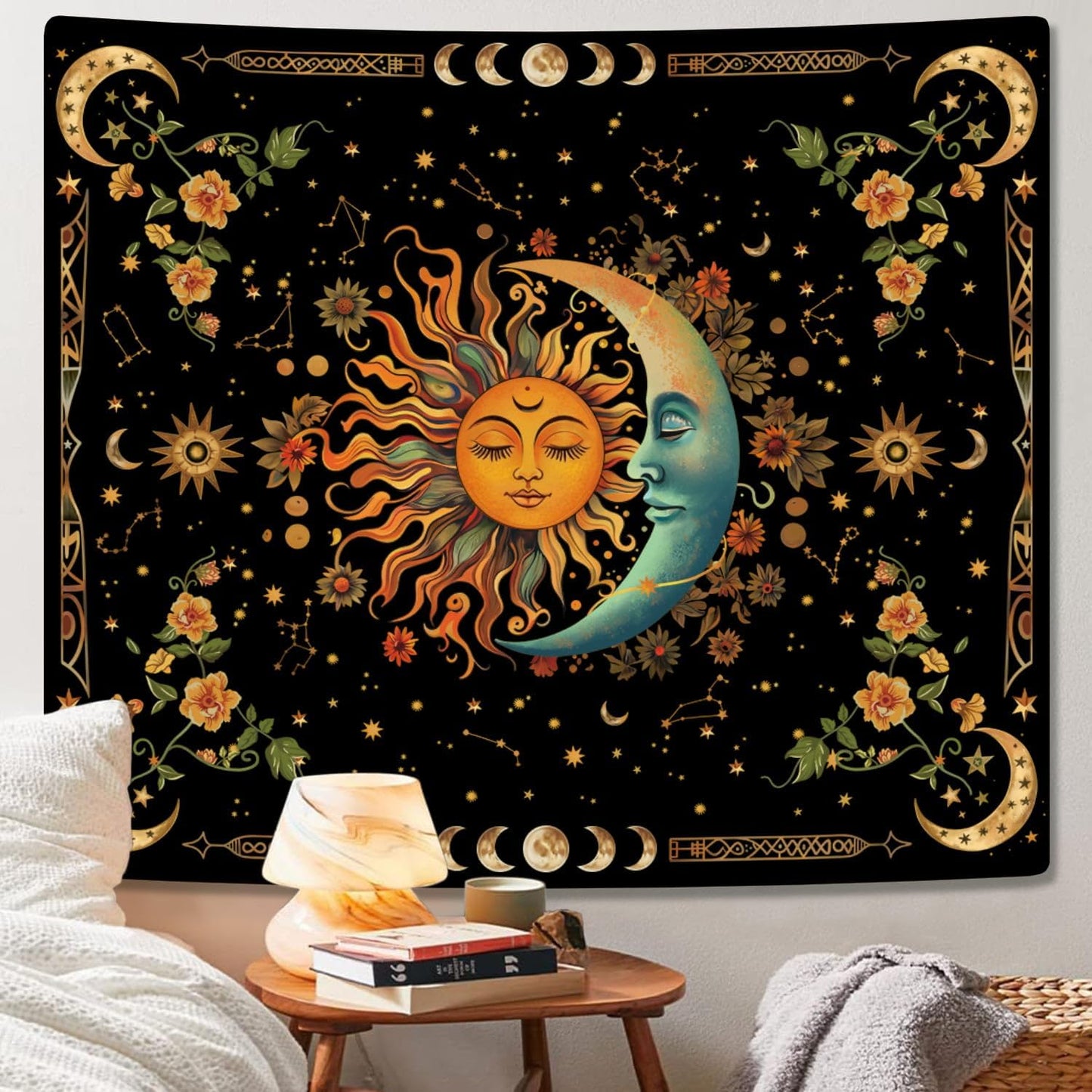 ARTCREATOR Sun and Moon Tapestry Astrology Space Wall Hanging Boho Hippie Floral Plant Tapestries Aesthetic Vintage Mandala Flower Decor for Living Room Bedroom (29" x 37")