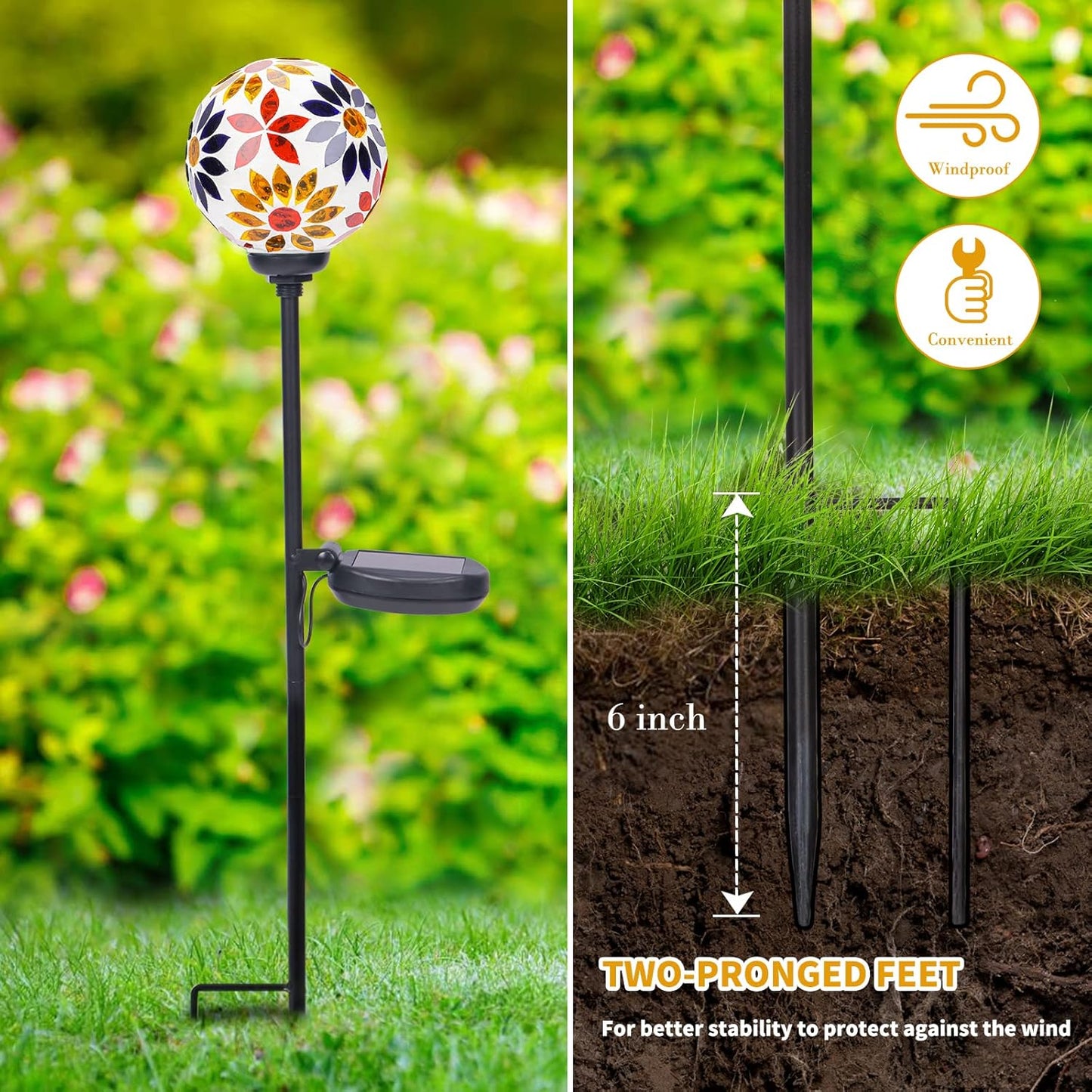 Afirst Solar Lights Outdoor Decorative - Solar Gazing Ball Mosaic Garden Stakes Flower Decorative Lights Waterproof for Pathway Yard Lawn Decoration Orange