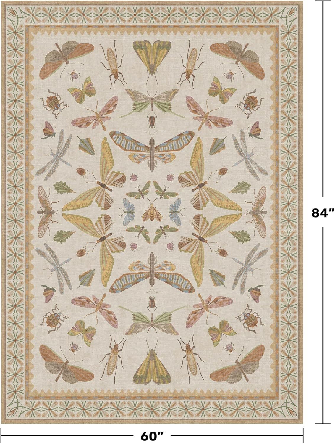 Beige and Yellow 5x7 Boho Rug for Living Room - Foyer Rugs for Entryway, Bedroom, Nursery Room, Insect Butterfly Bug Print, Washable Stain Resistant Home Décor