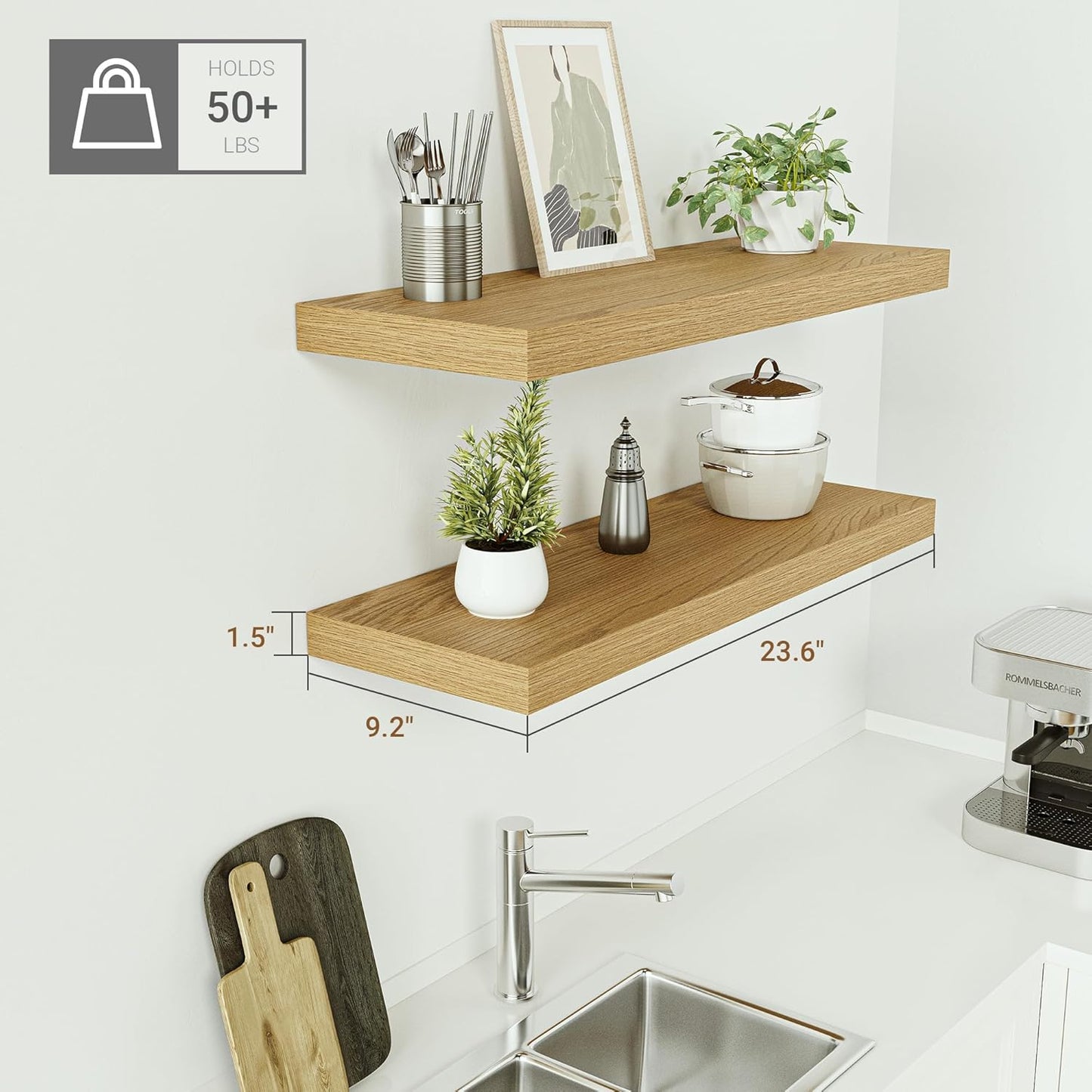 Floating Shelves for Wall 24 inchs Long, 9.2” deep x 1.5” Wall Shelf for Bedroom, Bathroom, Living Room, Kitchen, Office Home Decor, Deep Wood Shelves with Invisible Brackets, Set of 2, Oak