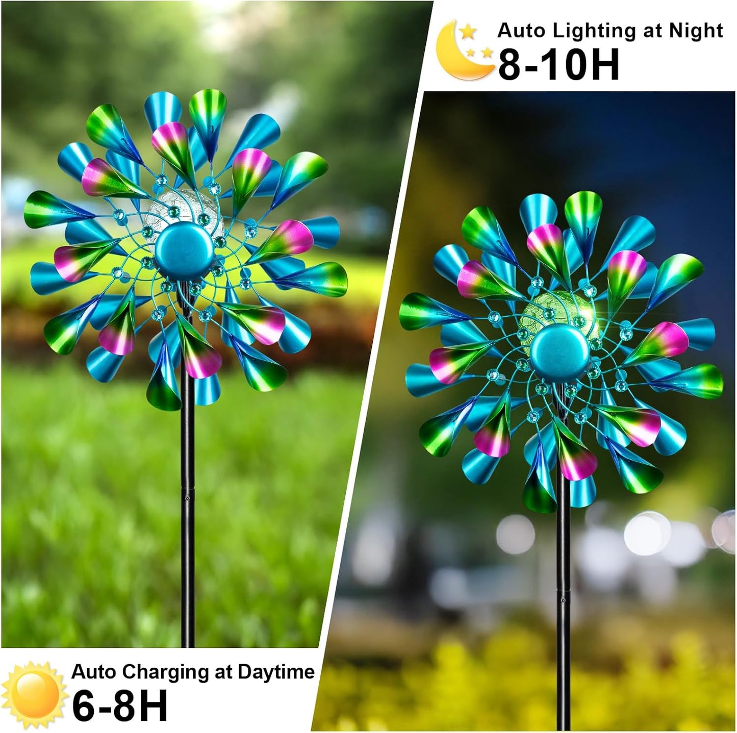 60'' Wind Spinner with Color Glass Ball Solar Lights, Green Peacock Feathers Metal Garden Outdoor Decor Yard Lawn Art Decor for Patio Kinetic Windmills Unique Gifts for Friends and Family