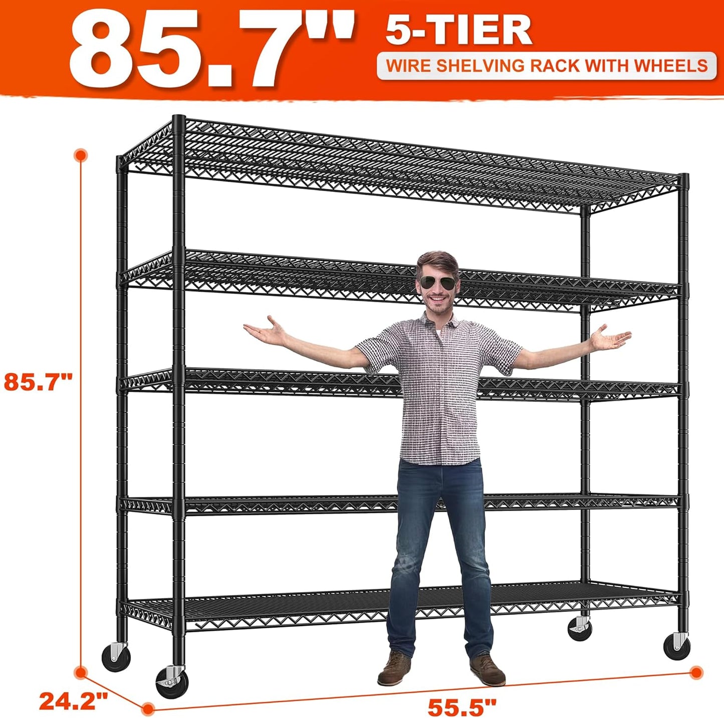 REIBII 85.7"H Storage Shelves 2998LBS Metal Shelving Units with Wheels&Feet, 5 Tier Garage Shelving Heavy Duty Adjustable Wire Shelf for Pantry Garage Commercial Industrials, 85.7"H X 55.5"W X 24.2"D