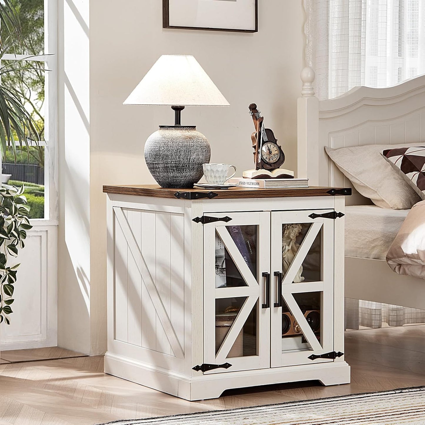 24" End Table Set of 2 with Charging Station, Farmhouse Night Stand with Glass Barn Door, Nightstands with Adjustable Storage Shelf, Large Wood Square Bed Side Table for Living Room,Bedroom