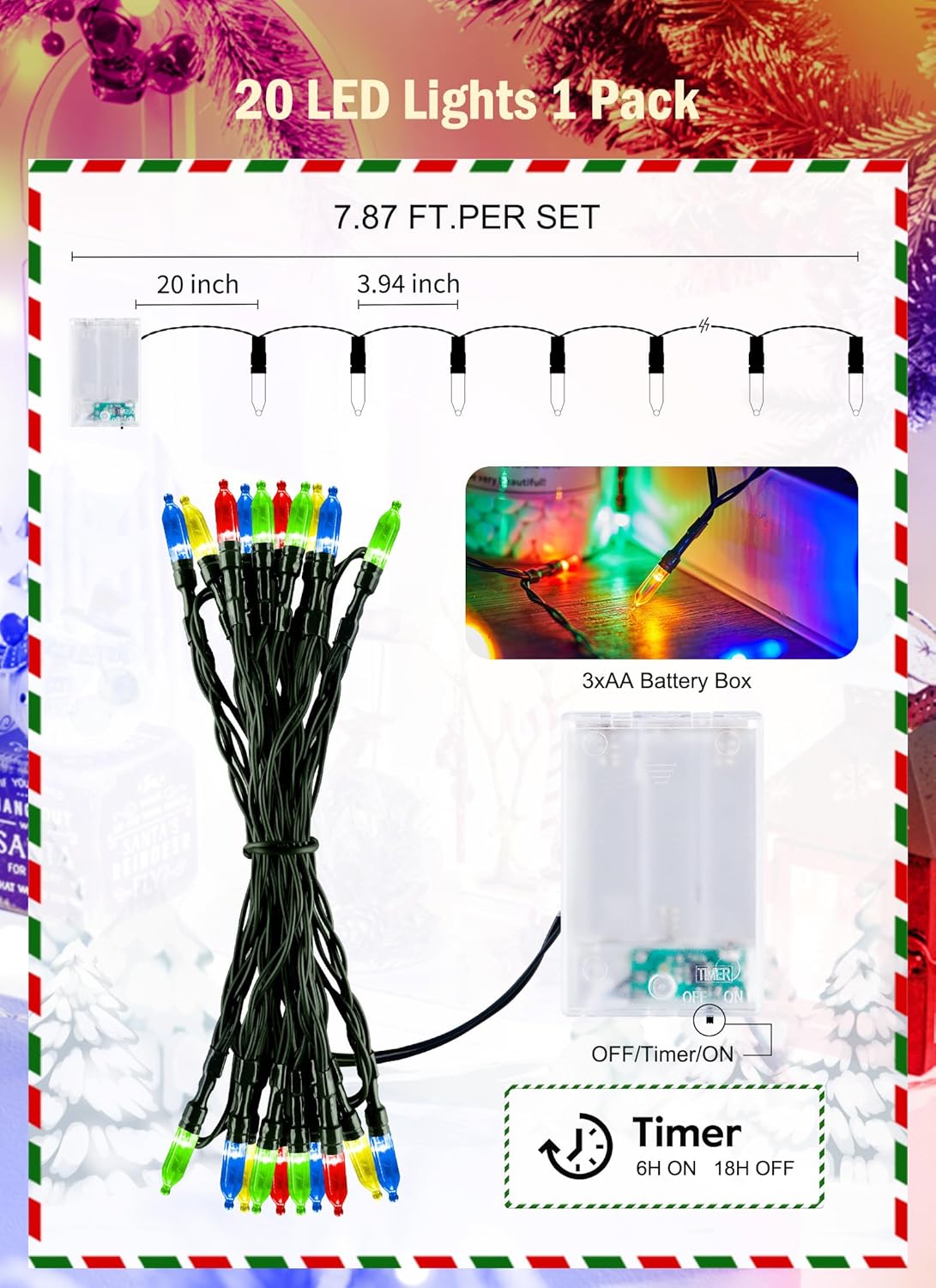 Battery Operated Christmas String Lights, 8ft 20 LED Mini Lights with Timer, Christmas Tree Lights for Indoor Outdoor Bedroom Wedding Party Holiday Xmas Decoration，Multicolor