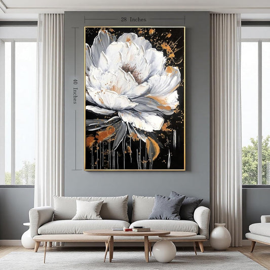 Framed White and Black Flower Wall Art for Study,Hand Painted Floral Oil Painting for Bedroom,Modern Textured 3D Artwork Office Kitchen Decor 28x40inch
