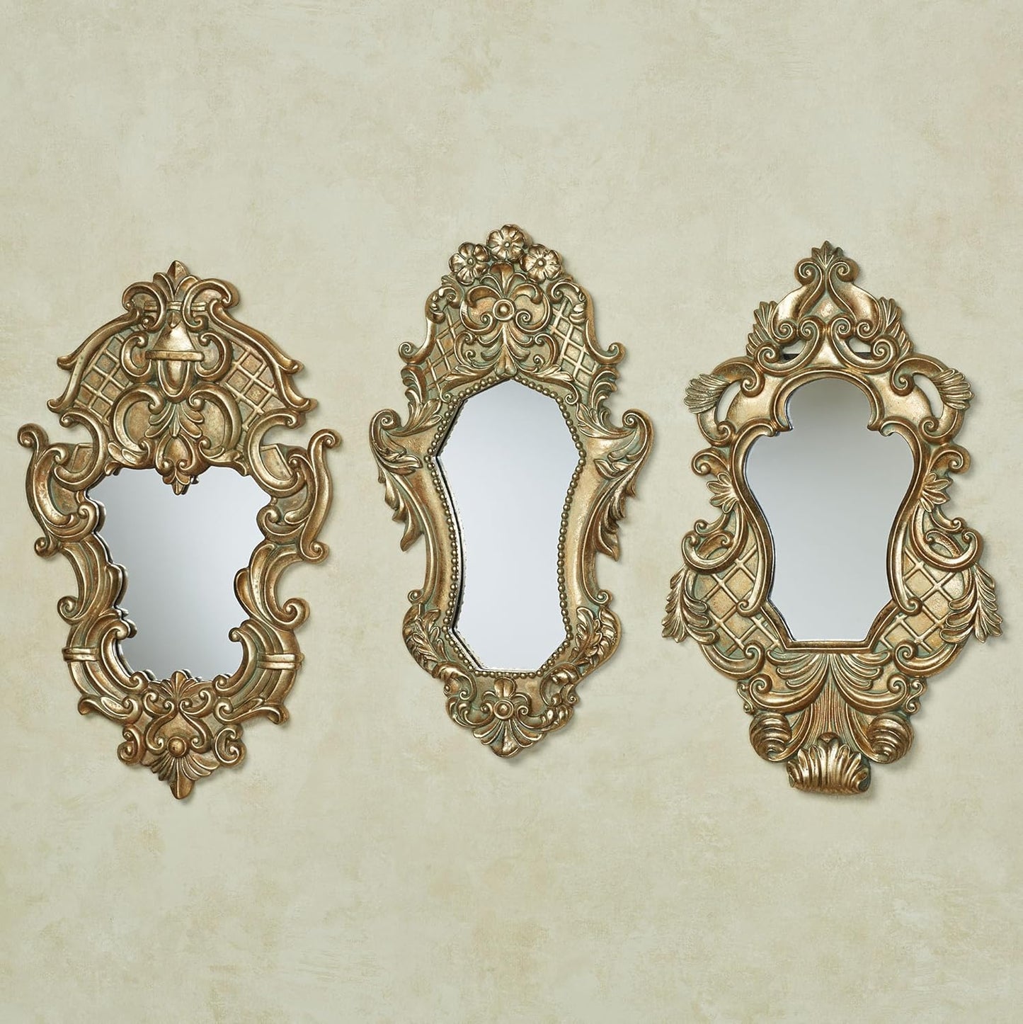 Lattice Scroll Gold Traditional Classic Wall Mirrors | Set of Three | Vintage Accent Hanging Mirror for Bedroom, Living Room, Office, Hallway | Victorian Style Decor