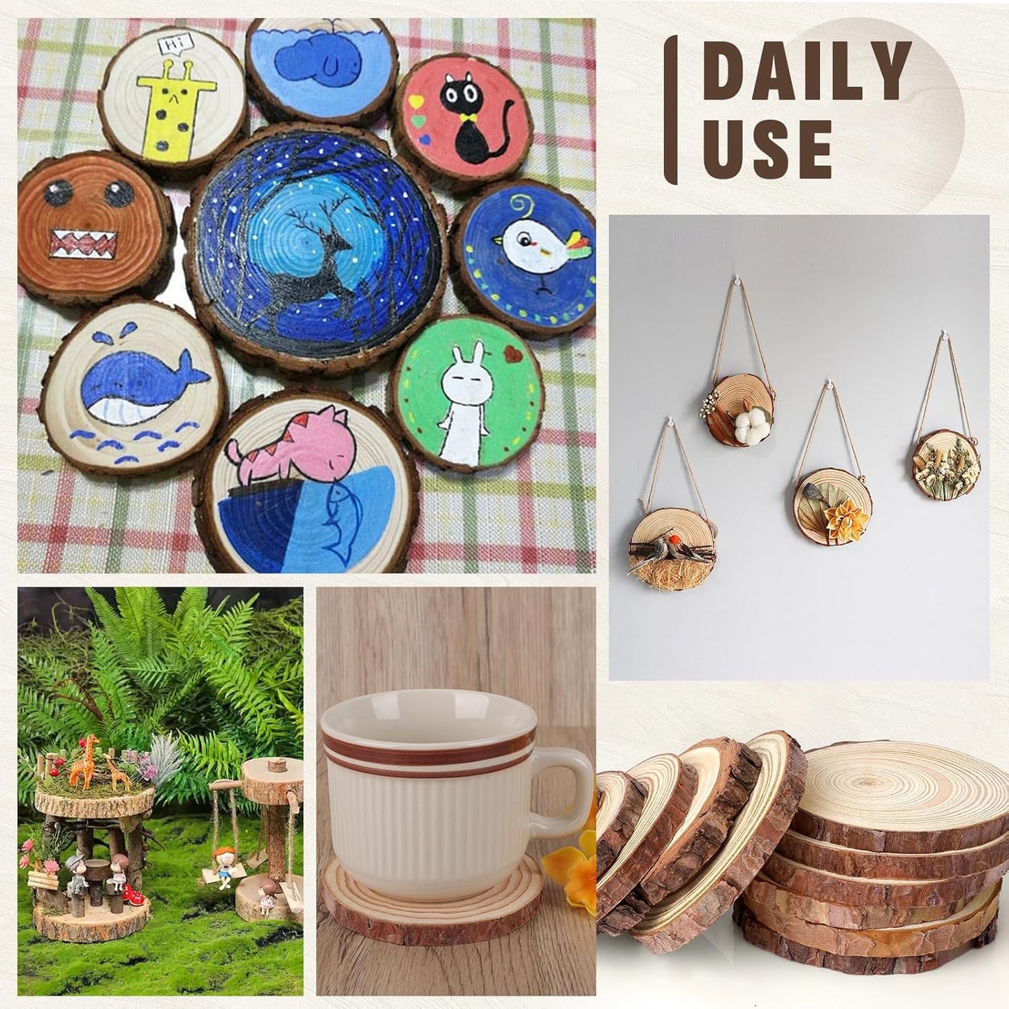 FUMILE Unfinished Natural Wood Slices 4-4.5 Inch, 10 PCS Round Wooden Discs with Tree Bark, Wood Rounds for Crafts Christmas Ornaments, Wood Circles for Rustic Wedding Decoration