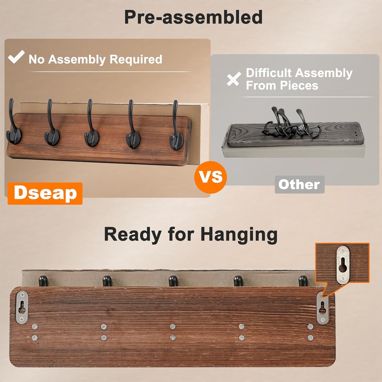 Dseap Wall Mounted Coat Rack: Patented, Heavy-Duty, 17.4" Long 5-Double-Hooks Wooden Hanger Rail for Winter Coats, Hat, Jacket, Clothing - Natural & Black, Pack of 2