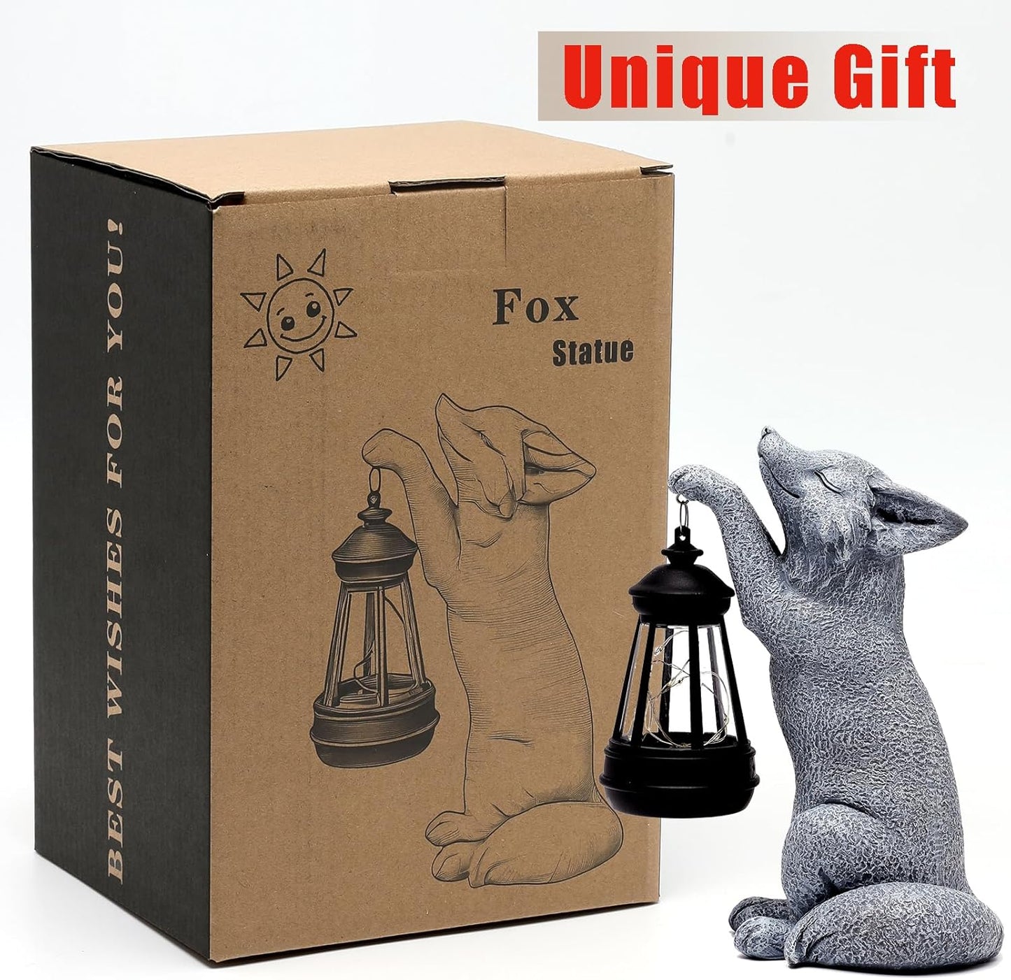 Fox Statue for Garden Decor, Garden Statue with Solar Power Light for Outdoor Patio Porch Lawn Yard Backyard Oudside Indoor Shelf Decoration,Praying Fox Sculptures Decorations to Wow Your Guests