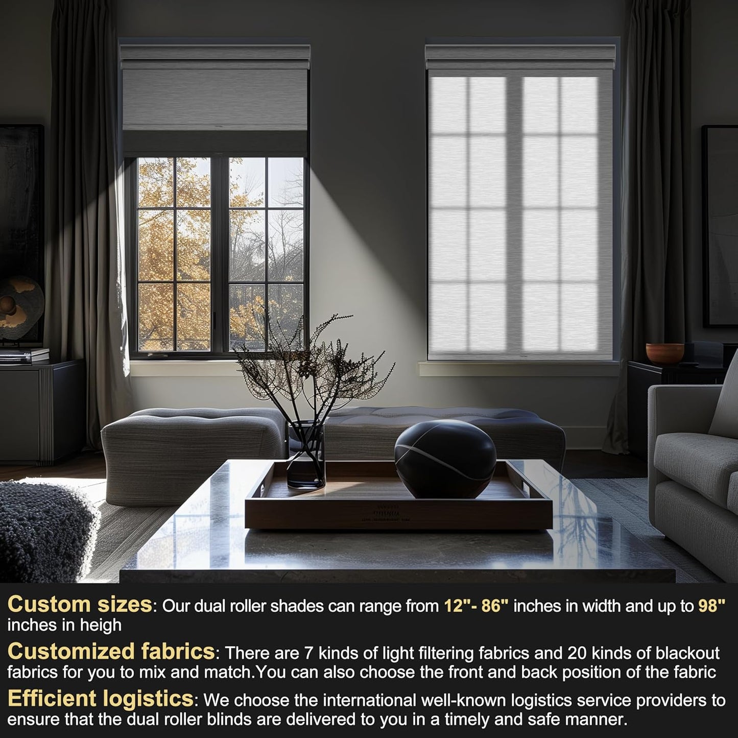 BERISSA Cordless Dual Roller Shades with Cassette Valance, Double Window Shades - Blackout and Light Filtering, Day and Night for Home Office Door. Grey and White. 74 W x 36" H