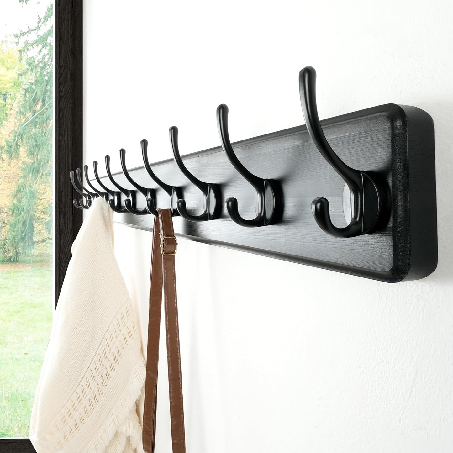 Dseap Wall Mounted Coat Rack: 38-1/4" Long, Patented, Heavy-Duty, 10-Double-Hooks Wooden Hanger Rail for Winter Coats, Hats, Jackets, Clothing - Black, Pack of 2