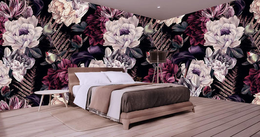 Floral Wallpaper Watercolor Dark Peony Flowers Mural Wallpaper for Bedroom Living Room (Not Peel n' Stick)