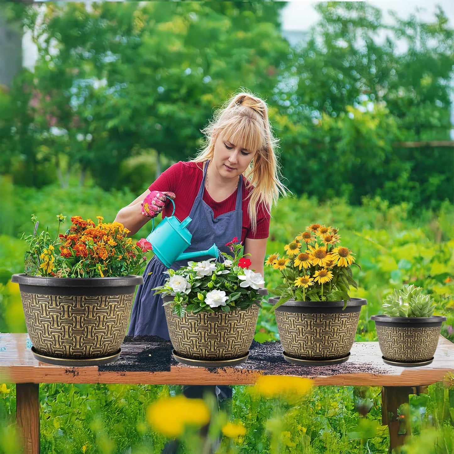 4 Pack 12 Inch Plant Pots,Large-Plant-Flower-Planters-Plastic, Flower Pots Outdoor Indoor with Drainage Holes & Trays, Retro Antique Imitation Decorative Garden Sets for Houseplants