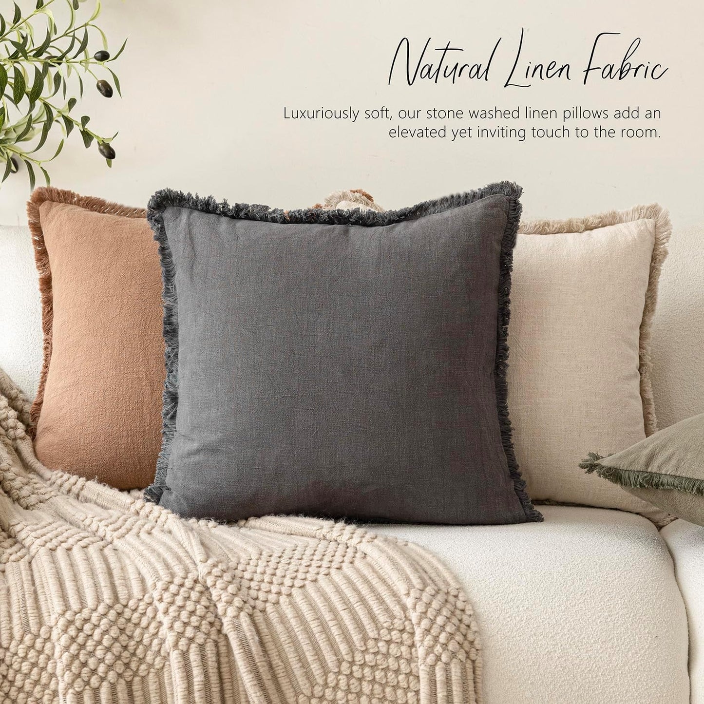 Foindtower Set of 2 Decorative Linen Fringe Throw Pillow Covers Cozy Boho Farmhouse Cushion Cover with Tassels Soft Accent Pillowcase for Couch Sofa Bed Living Room Home Decor, 24×24 Inch, Gray