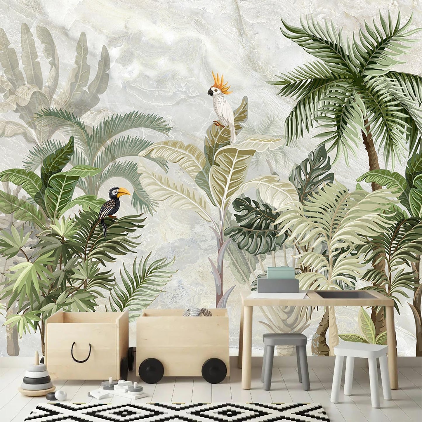 AFZEVEB-Green Forest Nursery Wallpaper Tropical Parrots Wall murals for Kids Room 114"x74" (Not Peel and Stick)