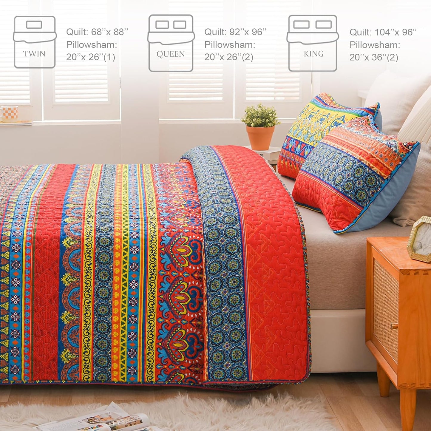 Exclusivo Mezcla Reversible Boho Quilt Set Queen Size, 3 Pieces Bohemian Blue All Season Bedspreads, Ultra Soft Floral Coverlet Bedding Set with Printed Pattern (1 Quilt, 2 Pillow Shams)