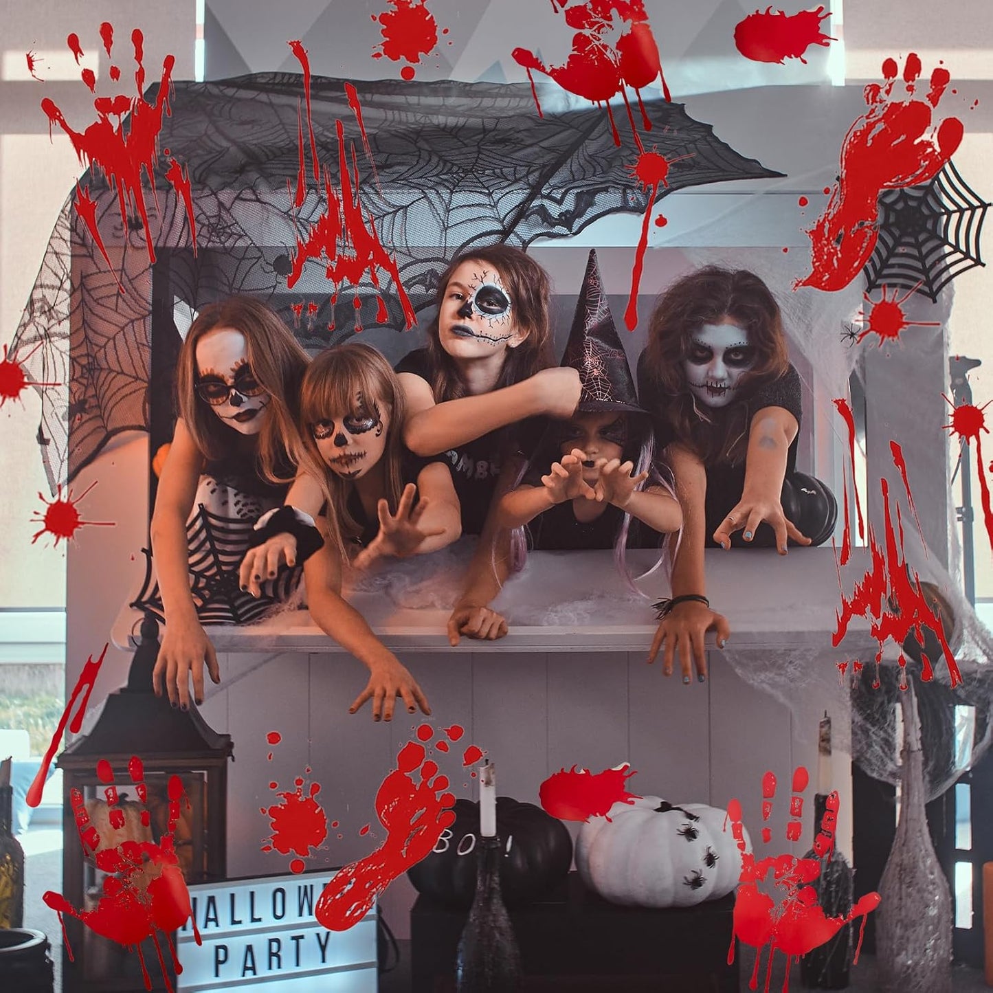 6 Pieces Bloody Handprint Window Clings – Horror PVC Stickers with Blood Splatter, Handprints, and Footprints for Scary Halloween Party Decorations, Haunted House, and Spooky Indoor Outdoor Décor