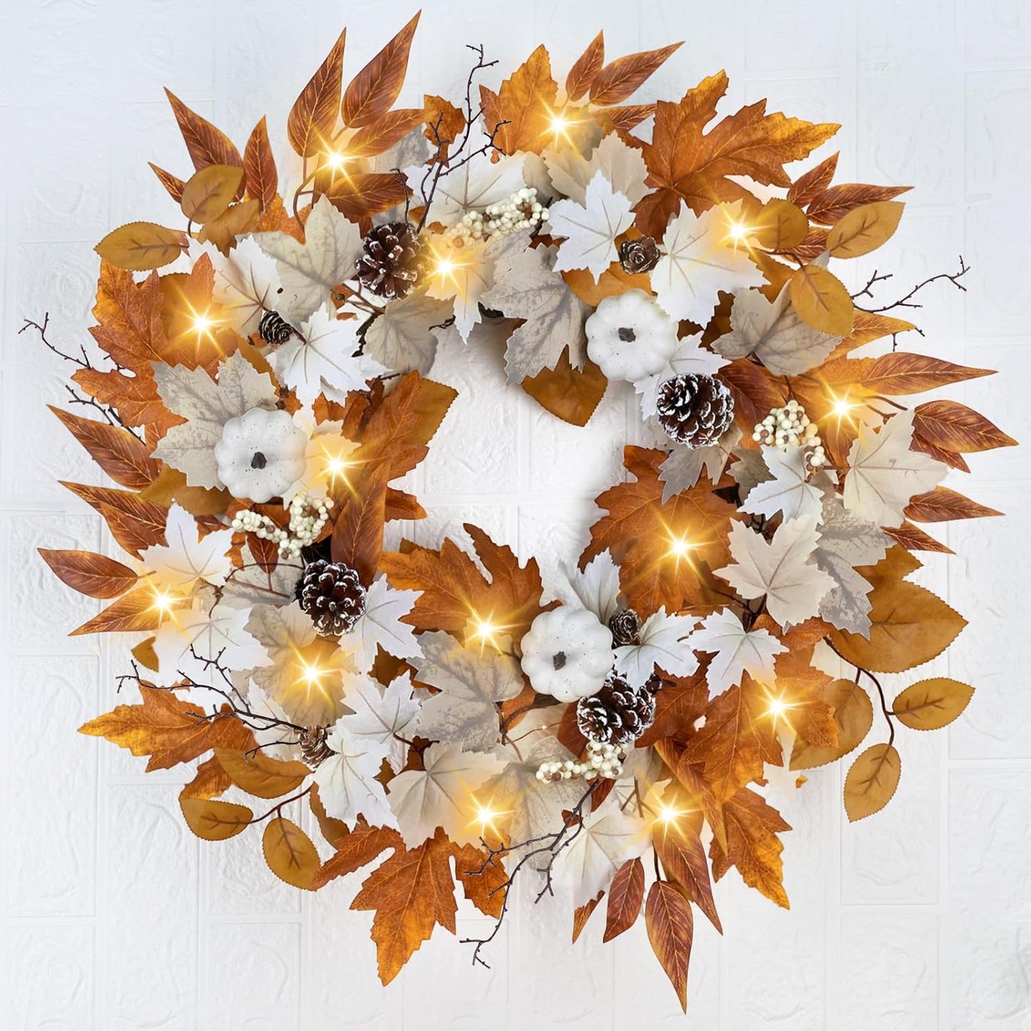 Fall Wreaths for Front Door Outside Autumn Wreath with Lights Berries Pine Cones Fall Decorations for Home Decor Pumpkin Wreath for Farmhouse Holiday Thanksgiving Harvest Halloween Outdoor