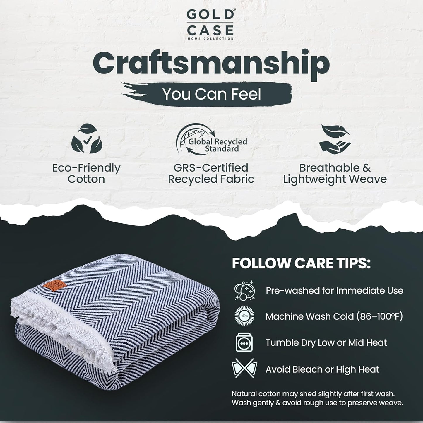 Gold Case Throw Blanket for Bed – 100% Recycled Turkish Cotton Bed Blanket – Decorative Throw Cotton Blankets for Living Room & Bedroom – Elegant Navy Blue Woven Queen Blankets – 90x90