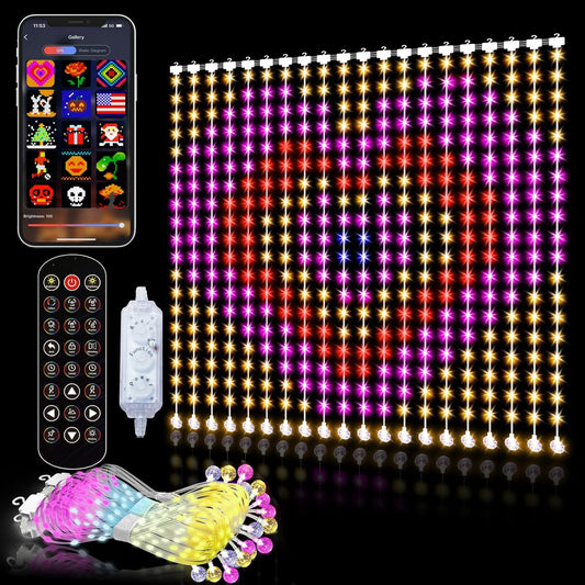 Animated Decorations Outdoor Indoor Smart Curtain String Lights Remote APP Control 3.3 x 3.3Ft 400LED RGB Color Changing Waterproof DIY Hanging Window Backdrop Fairy Light Programmable Music Sync