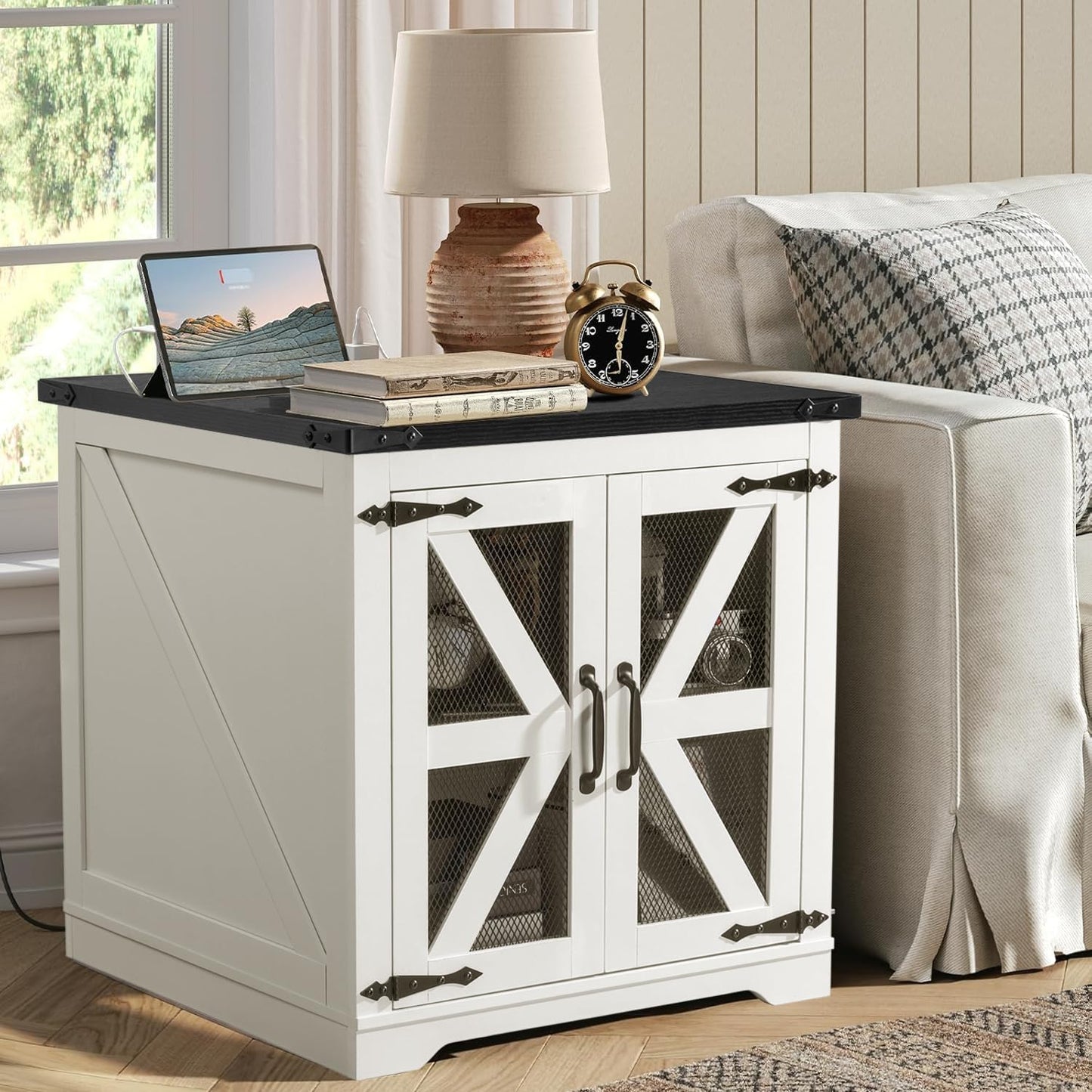 Farmhouse End Table, 24" Large Sofa Side Table with Charging Station, Mesh Barn Door, White Nightstand with Adjustable Storage Shelf, Square Nightstand for Living Room, Bedroom, Office