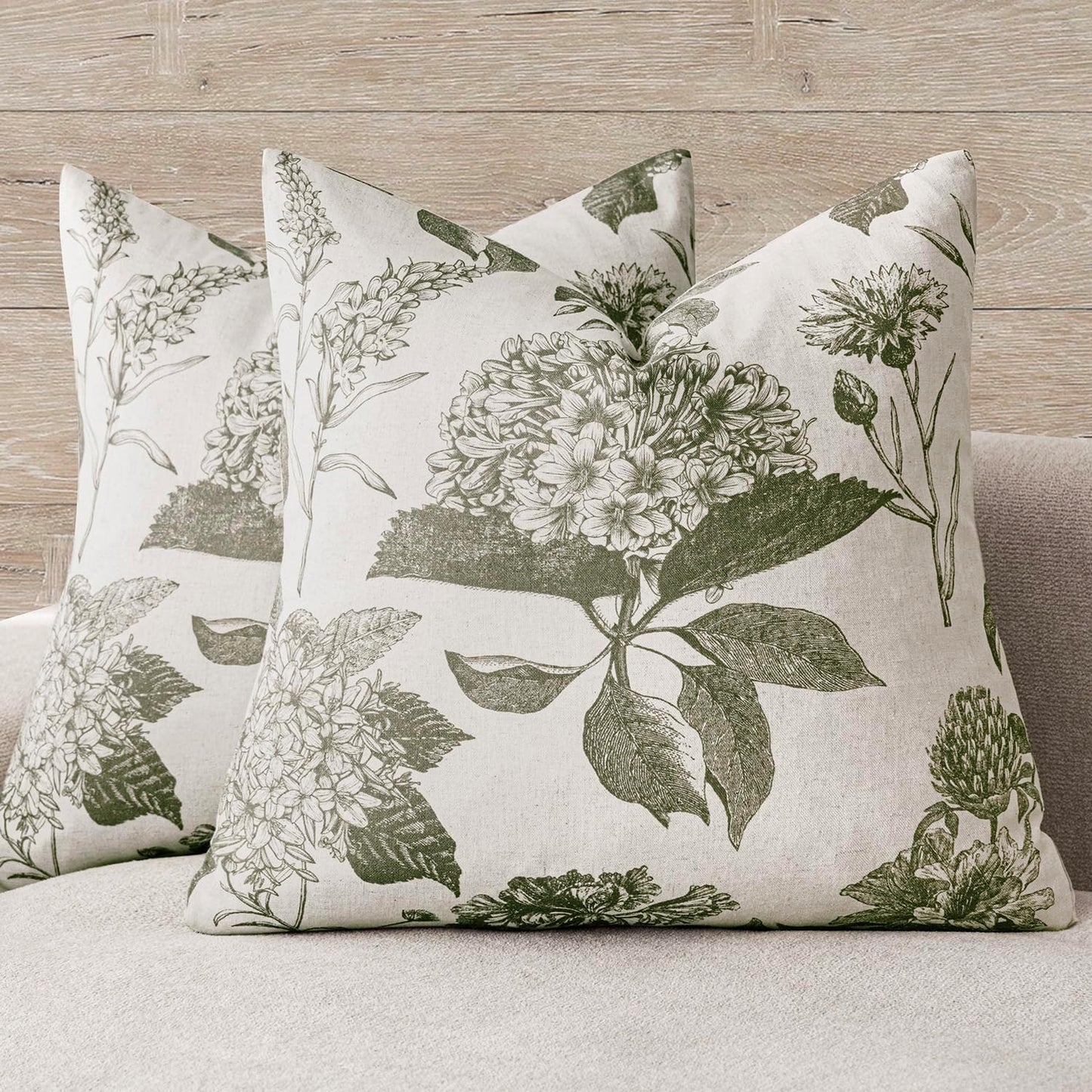 Foindtower Set of 2 Linen Floral Vintage Throw Pillow Covers Neutral Accent Print Decorative Cushion Covers Farmhouse Home Decor for Sofa Chair Couch Bedroom Living Room Outdoor,18×18 Inch,Sage Green