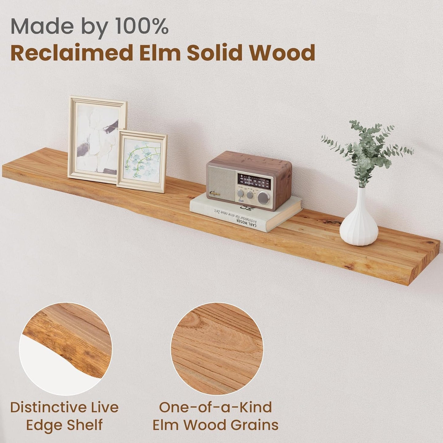 Floating Shelves for Wall Decor, Rustic Solid Elm Wood Floating Shelves Wall Mounted, Wall Shelves with Invisible Bracket for Living Room Bathroom Bedroom Kitchen, 48 Inch, Natural