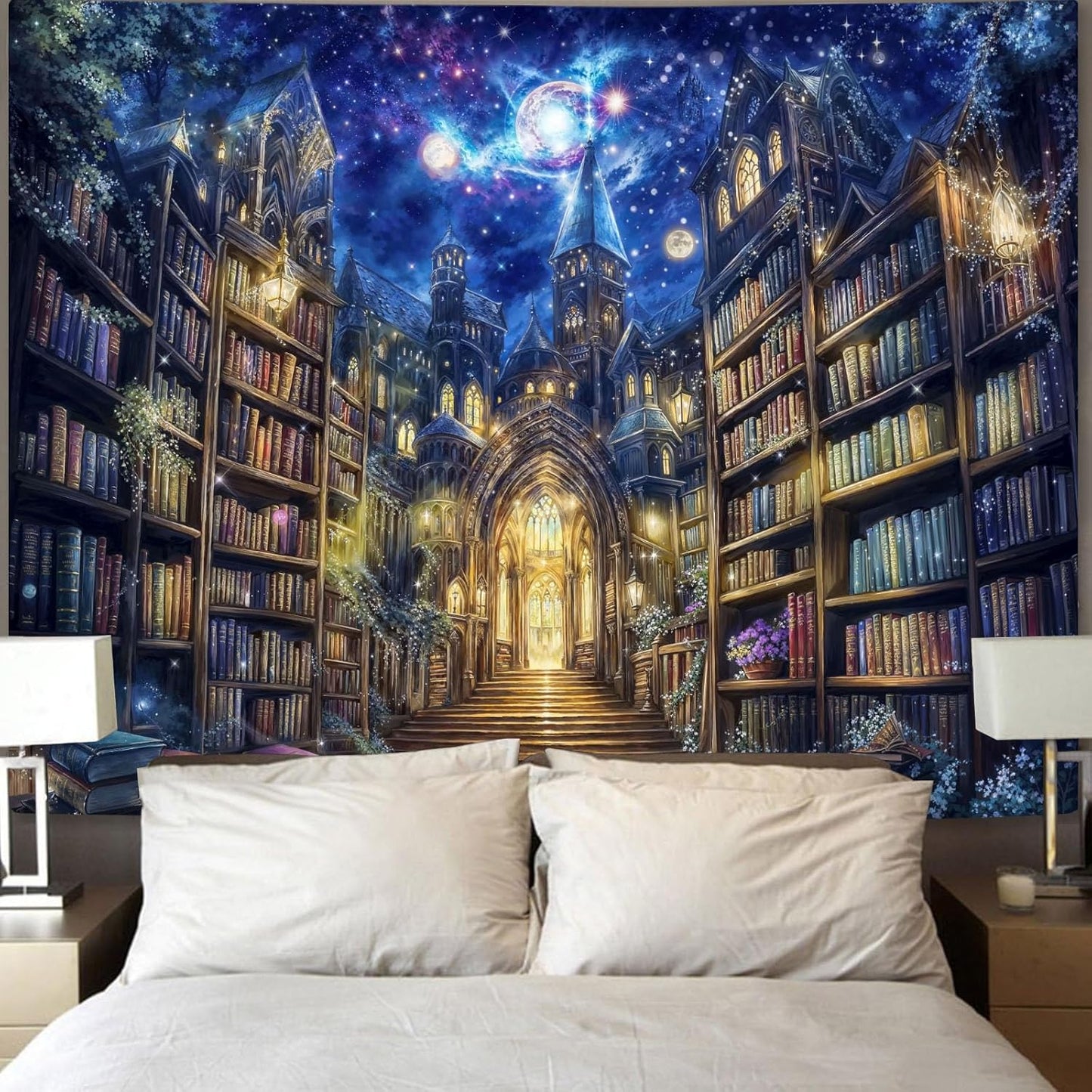 Accnicc Fantasy Bookshelf Tapestry Space Library Tapestries Wall Hanging Gothic Galaxy Castle Magic Book Large Tapestry for Bedroom Living Room Dorm Classroom 80 x 60 inch