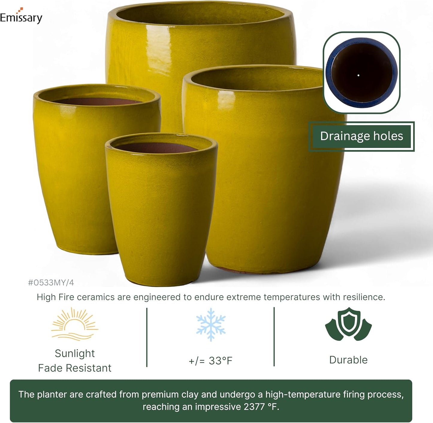 Emissary Home and Garden Bullet 11.5 in. Mustard Yellow Ceramic Round Planter (11.5 in. L x 11.5 in. W x 14 in. H) with Drainage Hole