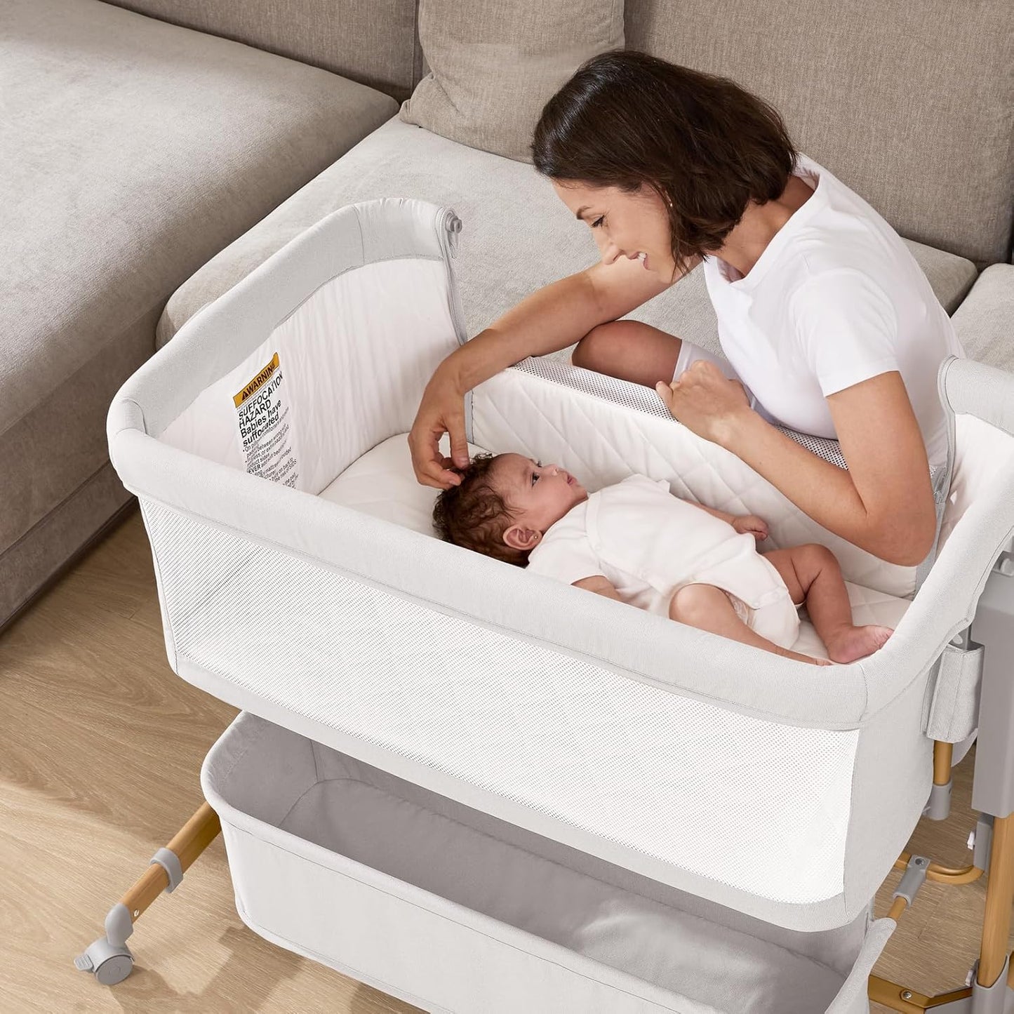 3 in 1 Baby Bassinet, Rocking Bassinet, Bedside Bassinet, 6-Height Adjustable, Bassinet Bedside Sleeper, Bedside Bassient for Baby with Comfy Mattress, Breathable Mesh, Large Storage Basket