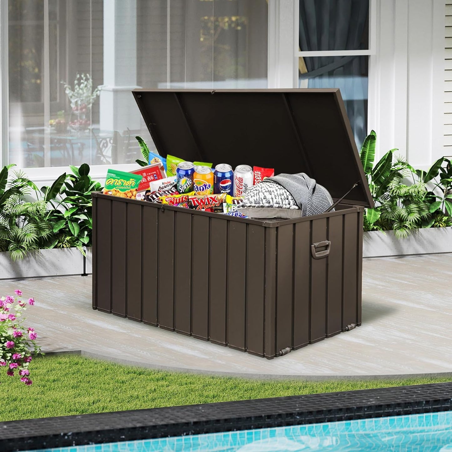 Domi 100 Gallon Deck Box, Outdoor Metal Lockable Storage Cabinet, Waterproof Steel Outdoor Bench with Lockable Lid, Side Handles & Rolling Casters for Outside Cushions, Pillows, Garden Tools, Brown