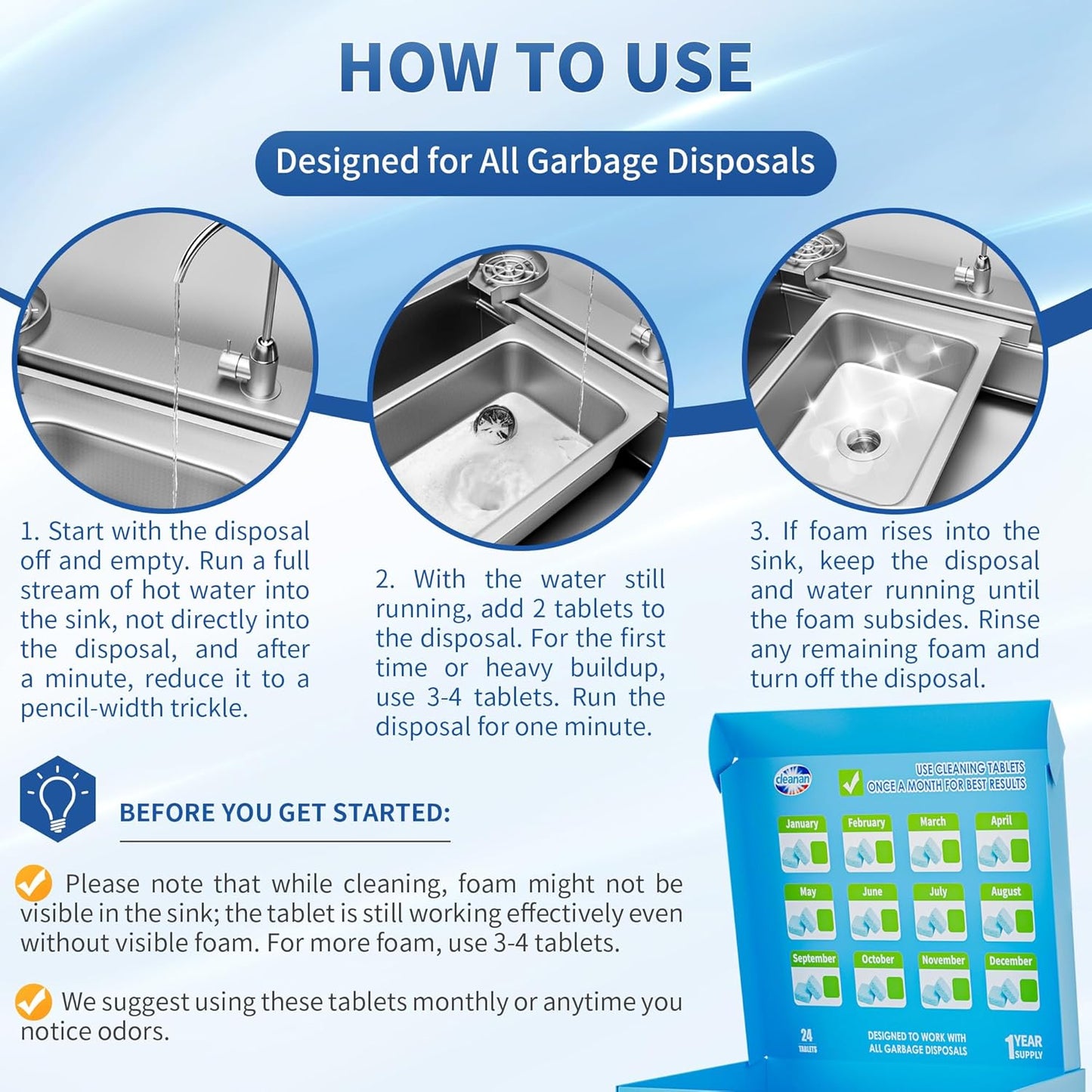 Foaming Garbage Disposal Cleaner and Deodorizer Tablets-24 Pack Food Disposal Cleaner, Quickly Eliminates Odors, XL Powerful Foaming Action, Refreshing Lemon Scent, Natural Ingredients, 1 Year Supply