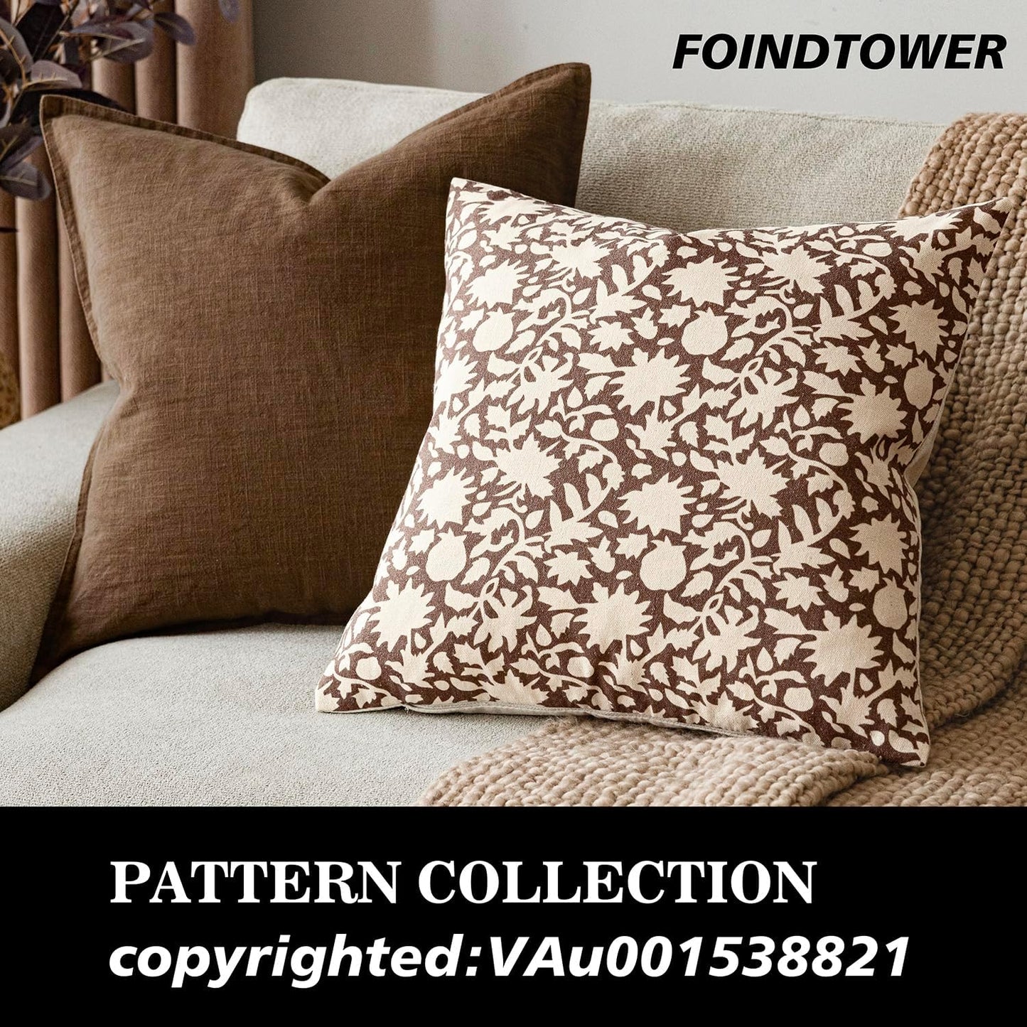 Foindtower Set of 2 Decorative Neutral Floral Throw Pillow Covers Accent Farmhouse Cushion Covers Boho Vintage Pillowcase for Couch Sofa Bedroom Living Room Home Decor Outdoor,24×24 Inch,Brown