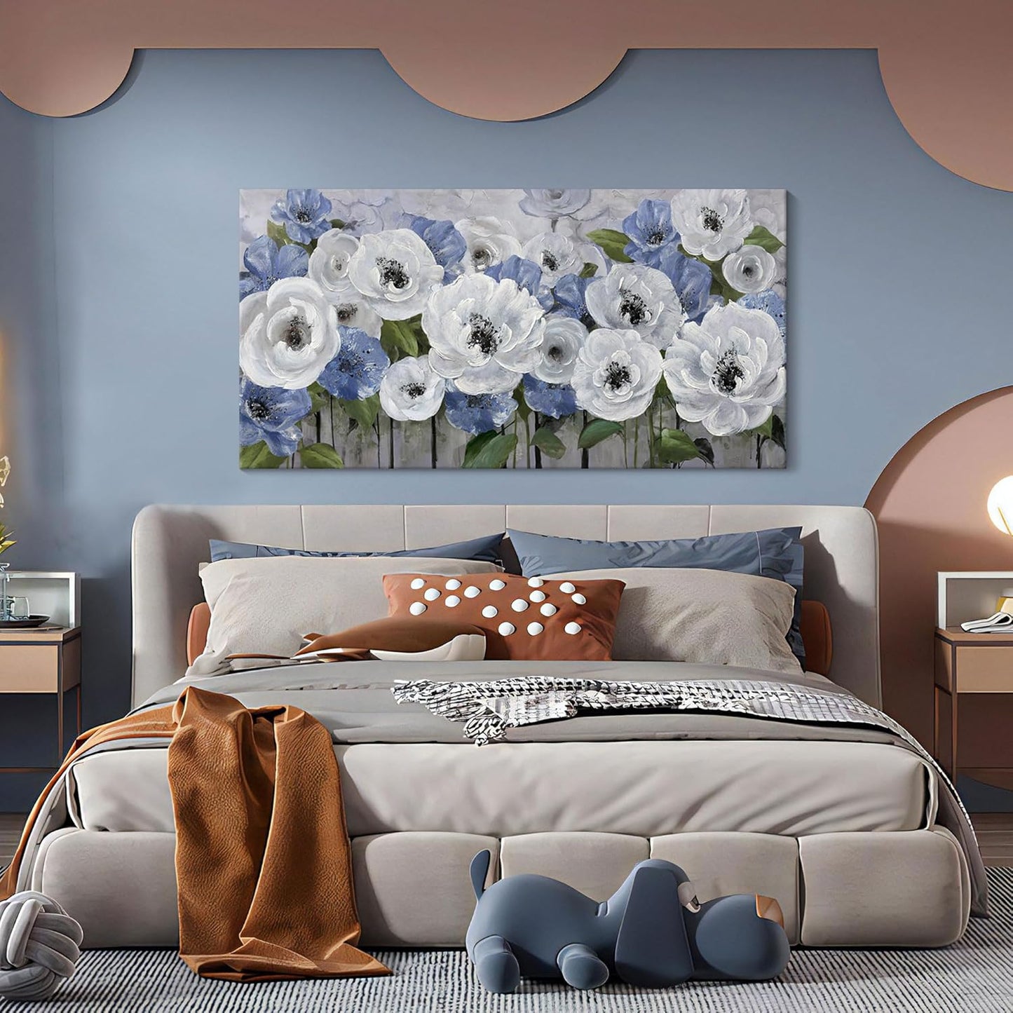 Floral Wall Art for Living Room- Large Canvas Paintings with Floral Wall Picture - Flower Wall Decor in Blue & White, Textured Artwork - Landscape Wall Art & Pictures for Bedroom and Home Decor