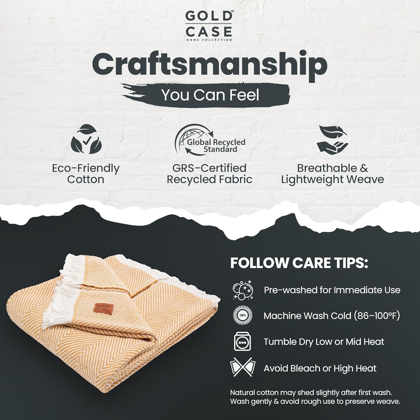 Gold Case Throw Blanket for Couch – 100% Recycled Turkish Cotton Blankets & Throws – Elegant Decorative Throw Blankets for Living Room Sofa – Woven Throws for Couch – Elegant Mustard – 60x80