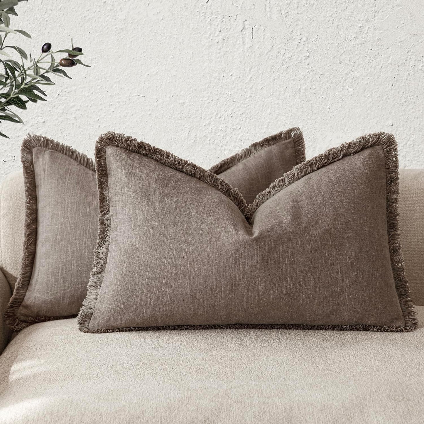 Foindtower Set of 2 Decorative Linen Fringe Lumbar Throw Pillow Covers Boho Farmhouse Cushion Cover with Tassels Accent Pillowcase for Couch Sofa Bed Living Room Home Decor,12×24 Inch,Light Coffee