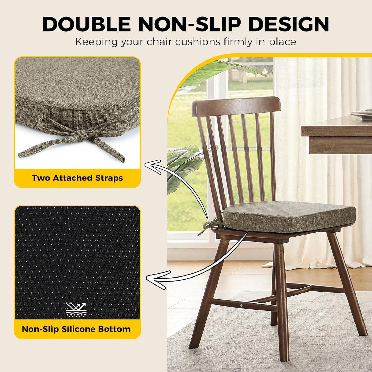 downluxe Indoor Chair Cushions for Dining Chairs, Soft and Comfortable Textured Foam Kitchen Chair Pads with Ties and Non-Slip Backing, 16" x 16" x 2", Khaki, 2 Pack