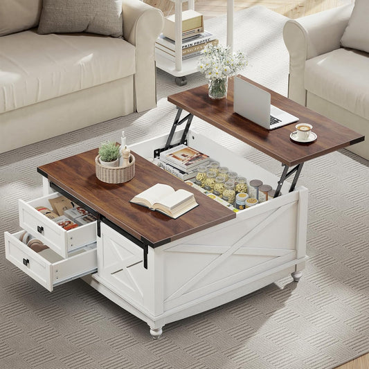 31.5" Lift Top Coffee Table with Storage, Farmhouse Coffee Tables for Living Room, Square Coffee Table with Large Hidden Storage Compartment, 2 Drawers & Removable Shelves, White