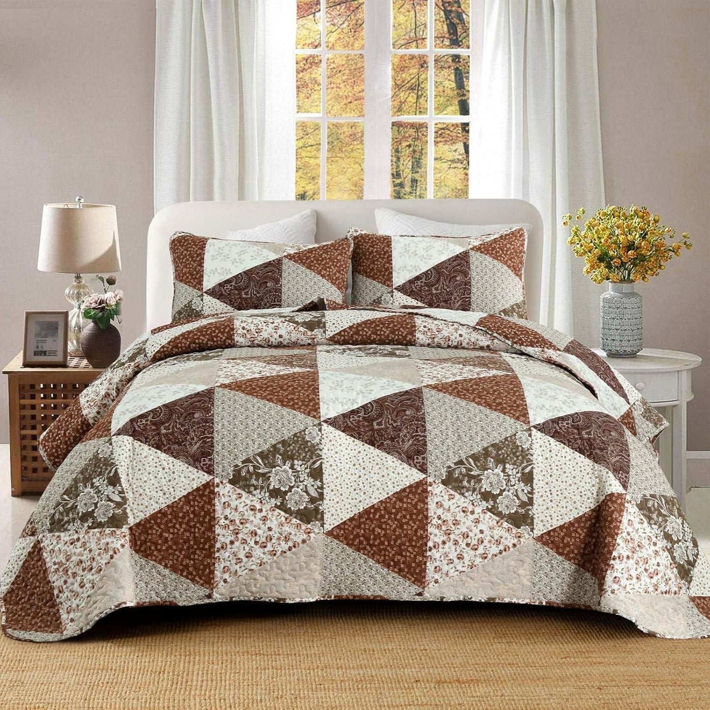 Dobuyly Fall Quilt Queen Size, Brown Floral Triangle Patchwork Bedspread Fall Bedding Set, Soft Lightweight Microfiber Coverlet Set (1 Quilt, 2 Pillow Shams)