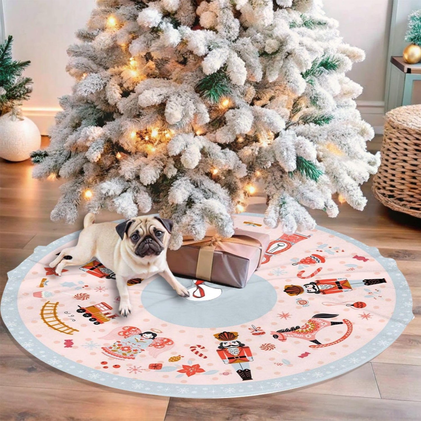 48" Large Christmas Tree Skirt, Nutcracker Candy Pattern Tree Mat Base Cover for Xmas Festive Holiday Party Decoration Ornaments