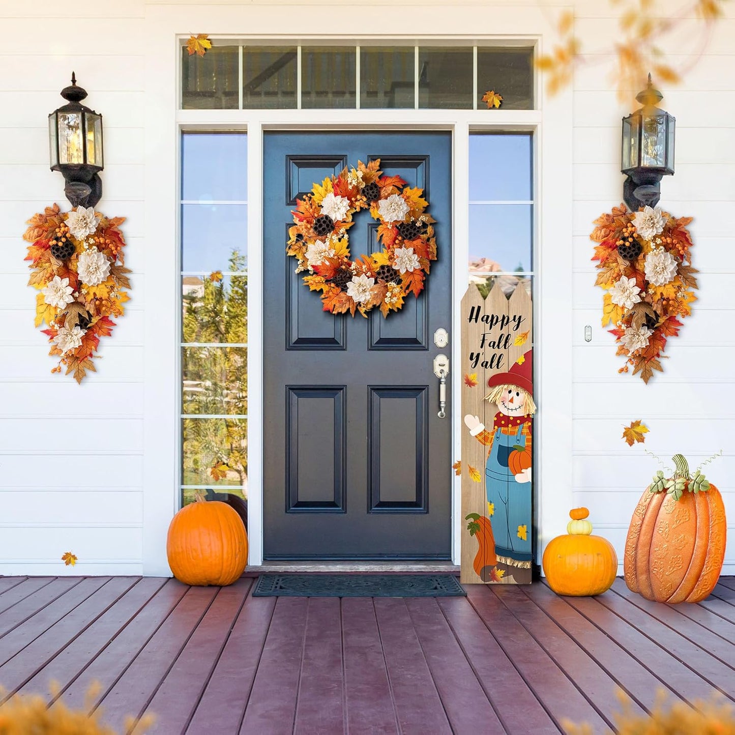 Glitzhome 24" D Fall Sorghum Wreath with Metal Hanger, Harvest Wreath for Front Door, Fall Door Wreaths for Indoor Outdoor Thanksgiving Harvest Holiday Decorations